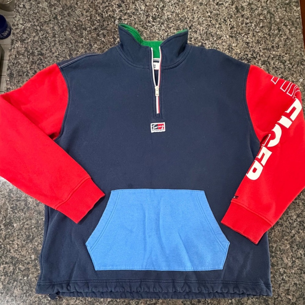 Tommy Hilfiger Denim Mens Colorblock Quarter Zip Pullover Navy Red Blue Size M